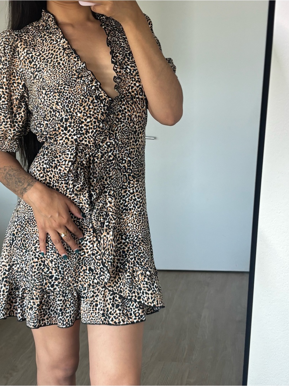 Leopard Print Ruffle Wrap Dress - Tan/Black